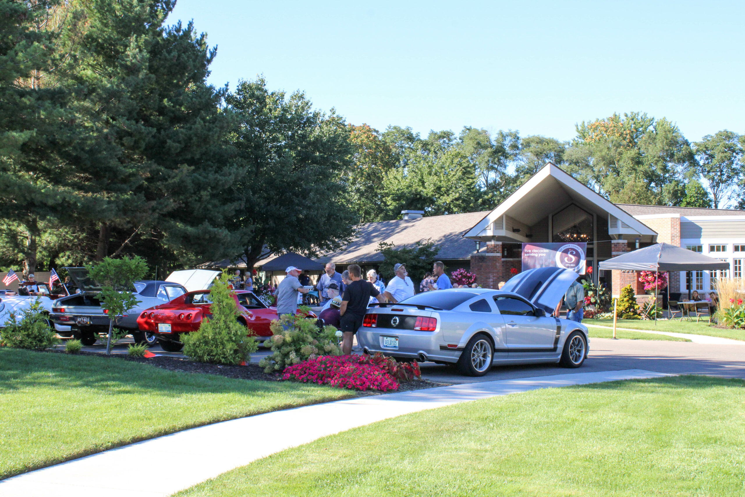 Vintage Car Show – 50th Anniversary Event – Rose Garden – Image 31 People viewing vehicles in the Rose Garden parking lot during a car show.